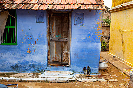 蓝色,房子,木门,泰米尔纳德邦,印度