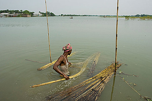 一个,男人,洗,黄麻纤维,河,乡村,孟加拉,九月,2007年