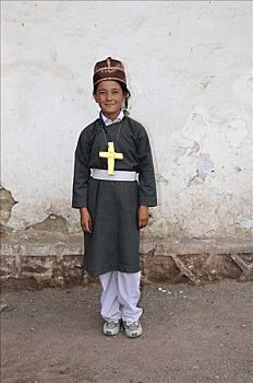 拉达克地区,孩子,穿,传统服装,基督教,十字架,北印度,喜马拉雅山,亚洲