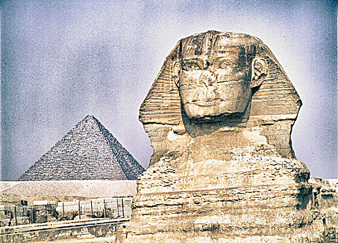 特写,狮身人面像,金字塔,背景,吉萨金字塔,埃及