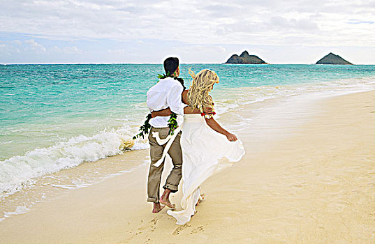 夏威夷,瓦胡岛,魅力,新婚夫妇,走,海滩,后面
