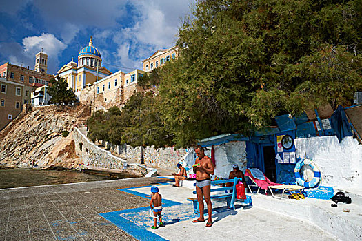 旅游,前景,背景,教堂,锡罗斯岛,希腊,欧洲