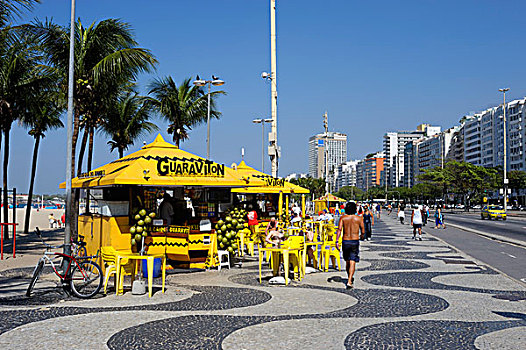 巴西,里约热内卢,科巴卡巴纳海滩,摊亭,散步场所,销售,饮料,食物
