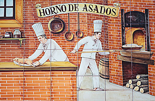 瓷砖,绘画,厨师,准备,小猪,烤制,烤炉,瓜达卢佩,卡塞雷斯,西班牙