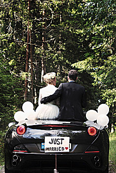 新郎,新娘,坐,敞篷車,結婚,標識