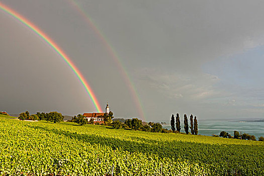 彩虹,上方,朝圣教堂,康士坦茨湖,区域,巴登符腾堡,德国,欧洲