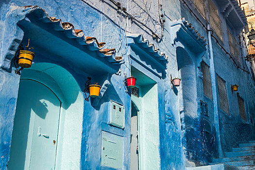 蓝色,涂绘,房子,外部,楼梯,特写,舍夫沙万,摩洛哥