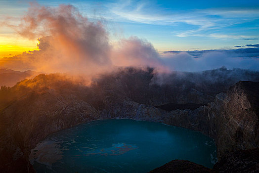 日出,火山,雾气,俯视,火山口,火山湖,国家公园,东方,印度尼西亚,亚洲
