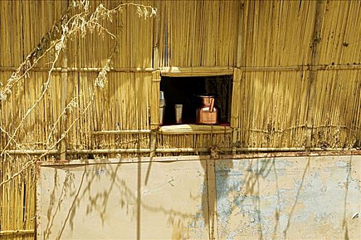罐,杯子,窗户,茅草屋顶,小屋,普什卡,拉贾斯坦邦,印度