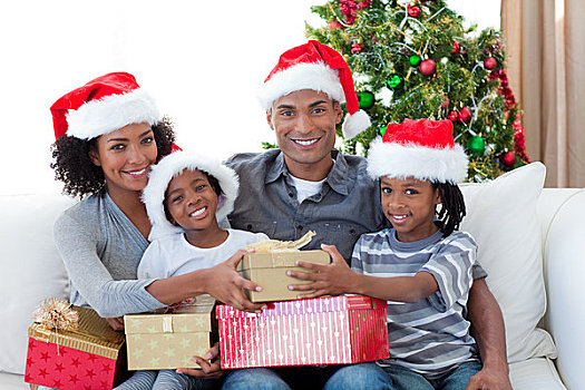 微笑,美国黑人,家庭,分享,圣诞礼物