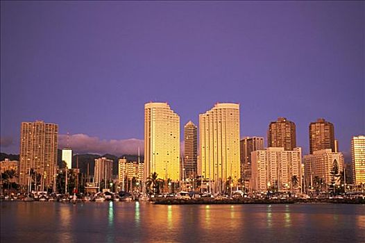 夏威夷,瓦胡岛,怀基基海滩,天际线,黎明