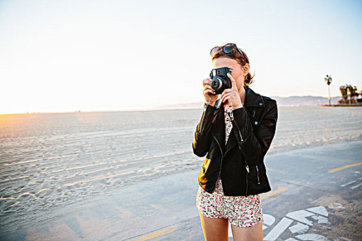 美女,摄影,一次成像照相机,海滩,威尼斯海滩,加利福尼亚,美国