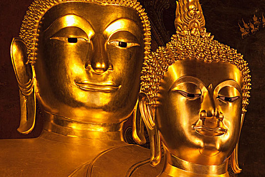 两个,金色,雕塑,佛,庙宇,寺院,曼谷,泰国