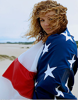 女人,美国国旗,沙丘,国家公园,俄勒冈,美国
