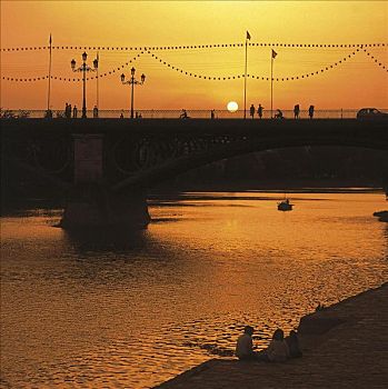 桥,日落,塞维利亚,西班牙,欧洲