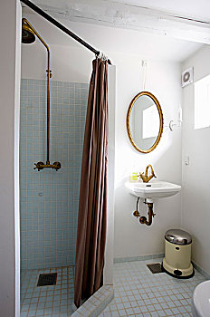 分开,淋浴,区域,褐色,帘,水槽,仰视,椭圆,镜子,一个