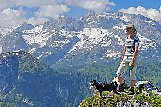 女人,小髯犬,黑色,银,顶峰,山,贝希特斯加登地区,巴伐利亚,德国,欧洲