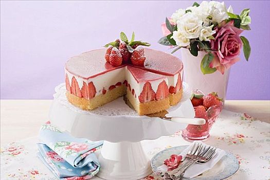 草莓酸奶,蛋糕,块,切削,点心架