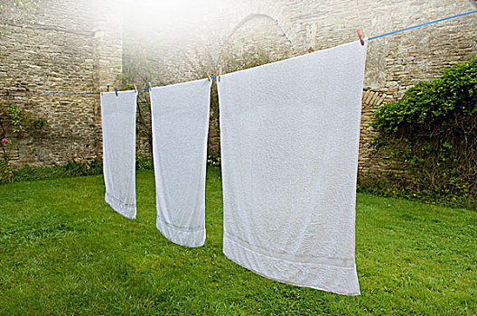 三个,白色,毛巾,晾衣绳,花园