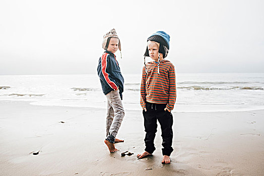 头像,两个,兄弟,站立,海滩,戴着,编织,帽子