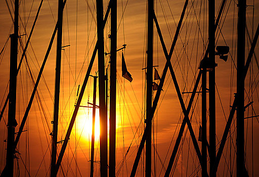 桅杆,码头,日出,石荷州,德国,欧洲