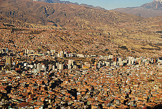 玻利维亚,俯视,首都,风景,悬崖,厄尔奥尔托,拥挤,城市,红色,橙色,砖墙,屋顶,建造,脚,壮观,山,多年生植物,雪