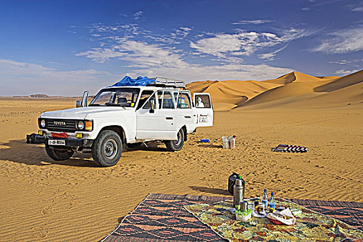 非洲,利比亚,沙漠,野外,交通工具,野餐