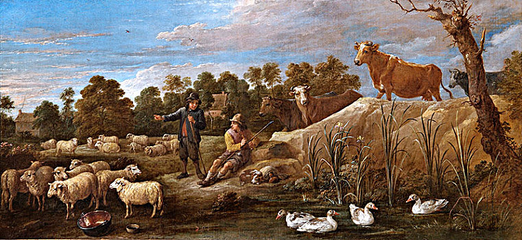 风景,两个,牧羊人,牛,鸭子,17世纪,艺术家