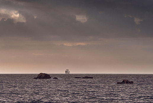 老,帆船,地平线,夜光,风景,布列塔尼半岛