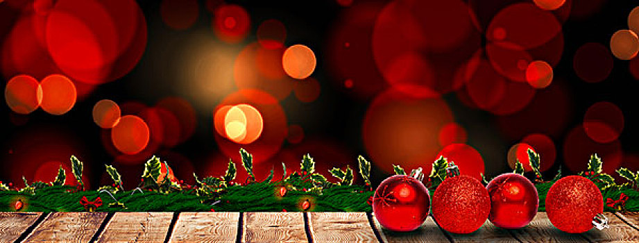 合成效果,图像,四个,红色,圣诞球,装饰,发光,圆点,黑色背景