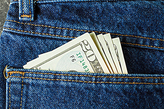 特写,蓝色牛仔裤,展示,20美元,钞票,背影,口袋