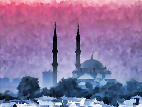 水彩,伊斯坦布尔,城市,清真寺,水彩画,技巧