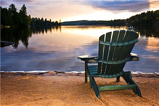 木椅,日落,海滩