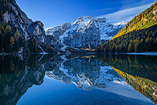 反射,平静,水,湖,秋天,普拉格斯,白云岩,南蒂罗尔,意大利