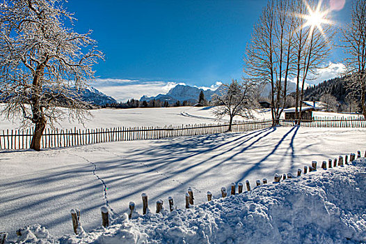 栅栏,冬天,乡村,山,太阳,逆光,上巴伐利亚,巴伐利亚,德国
