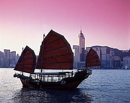 中国,香港,维多利亚港,帆船,日出