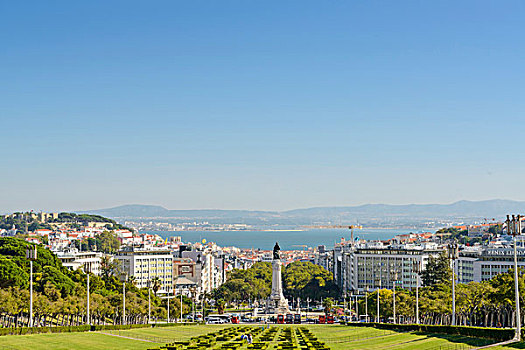俯视,里斯本,广场,雕塑,公园,自由,道路,塔霍河,背景,葡萄牙