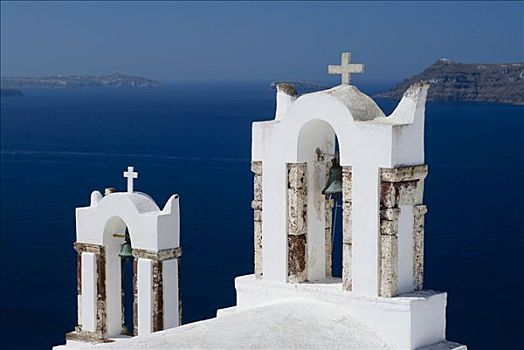 两个,钟楼,圣特林,锡拉岛,基克拉迪群岛,爱琴海,希腊,欧洲