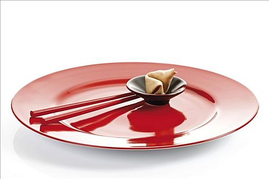 幸运签饼,筷子,红色,盘子