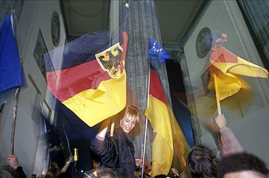 德国,旗帜,市民,柏林,庆贺,团聚,正面,勃兰登堡门,夜晚,民主德国,十月,第三,欧洲