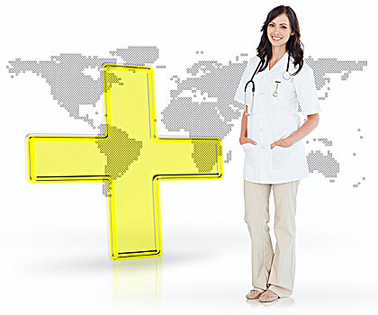 医护人员,站立,数码,黄色,世界地图,背景