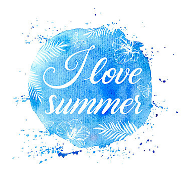 夏天,热带,背景,棕榈叶,木槿,花,蓝色,圆,水彩,纹理,矢量,插画