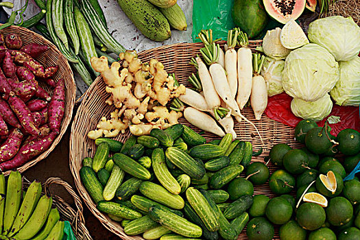 篮子,不同,果蔬,售出,街道,收获,柬埔寨