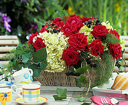 篮子,红玫瑰,八仙花属,黑莓