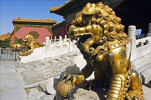 金色,狮子,雕塑,故宫,北京,中国