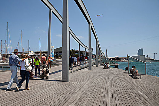 现代,步行桥,兰不拉,港口,巴塞罗那,加泰罗尼亚,西班牙,欧洲