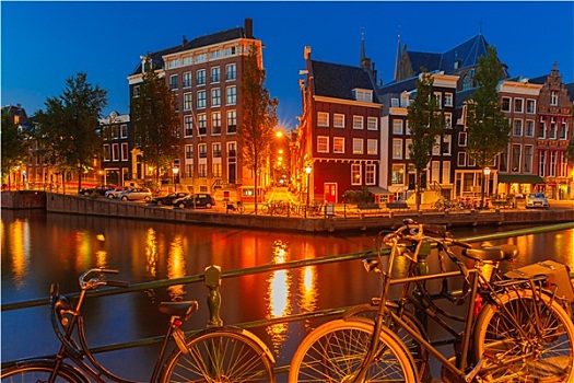 夜晚,城市风光,阿姆斯特丹,运河,桥