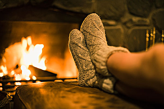 脚,羊毛袜,靠近,壁炉