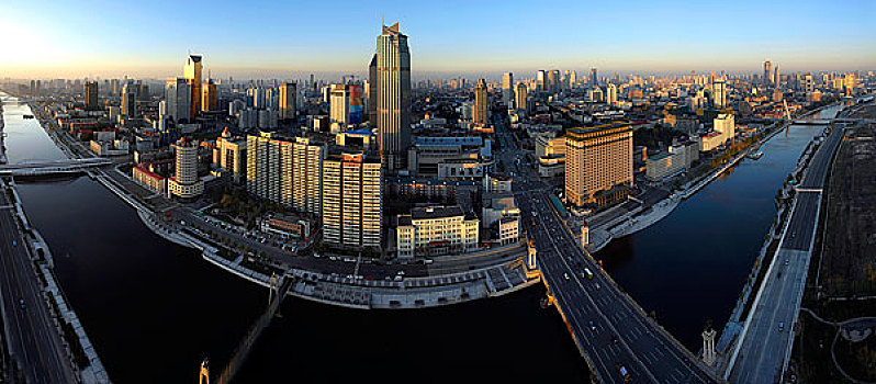 天津海河,大光明桥,小白楼地区鸟瞰