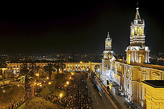 秘鲁,阿雷基帕,广场,阿玛斯,大教堂,夜晚